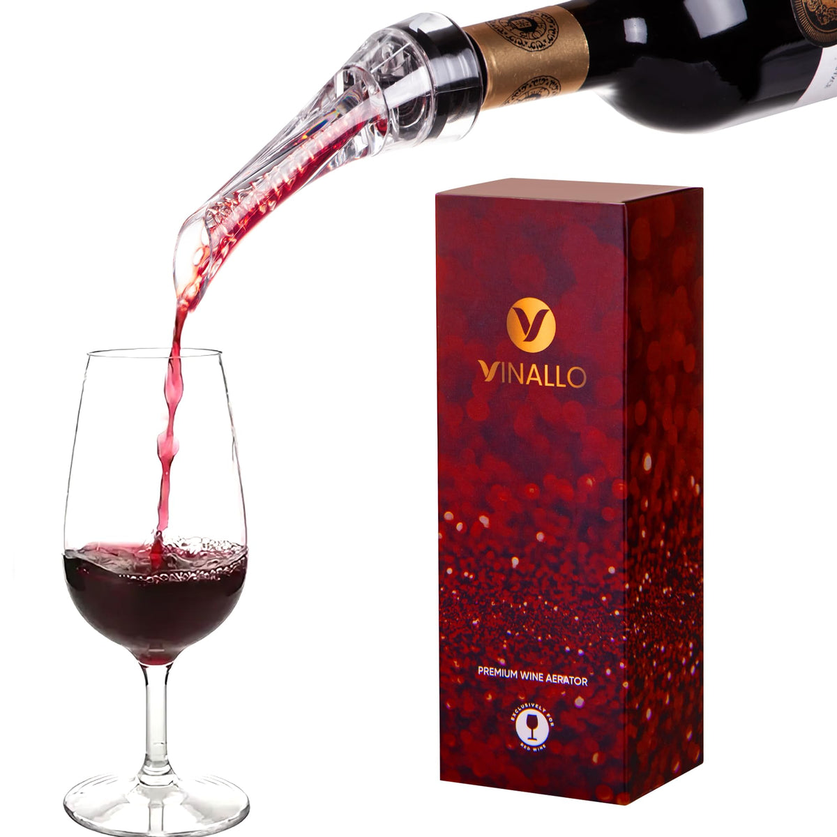 Vinallo wine aerator pourer attached to bottle for smoother pours.
