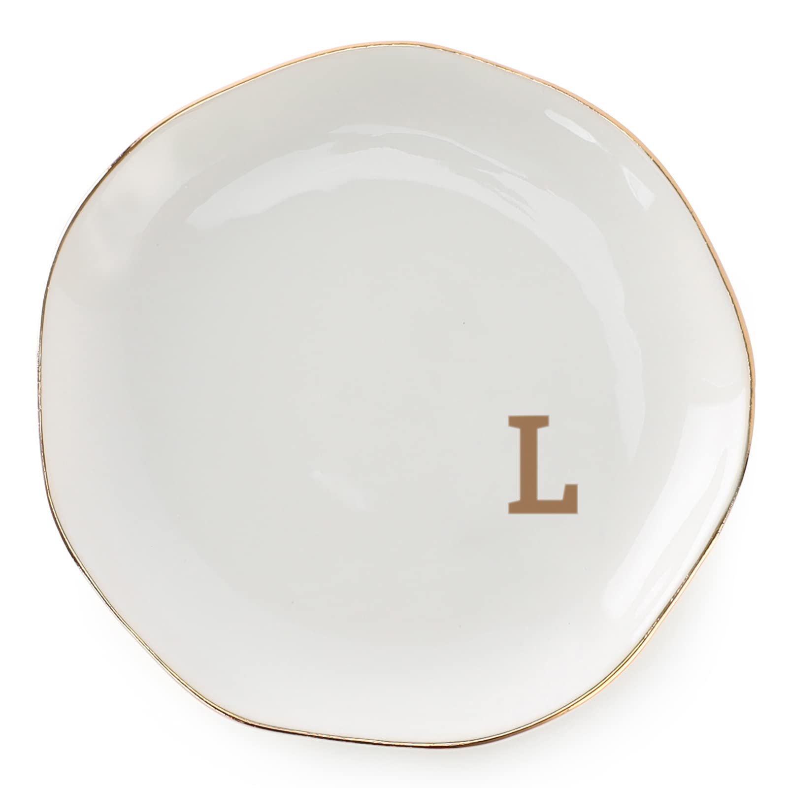 VINCOMIC Initials Ring Dish glazed ceramic with gold trim, ideal for rings.