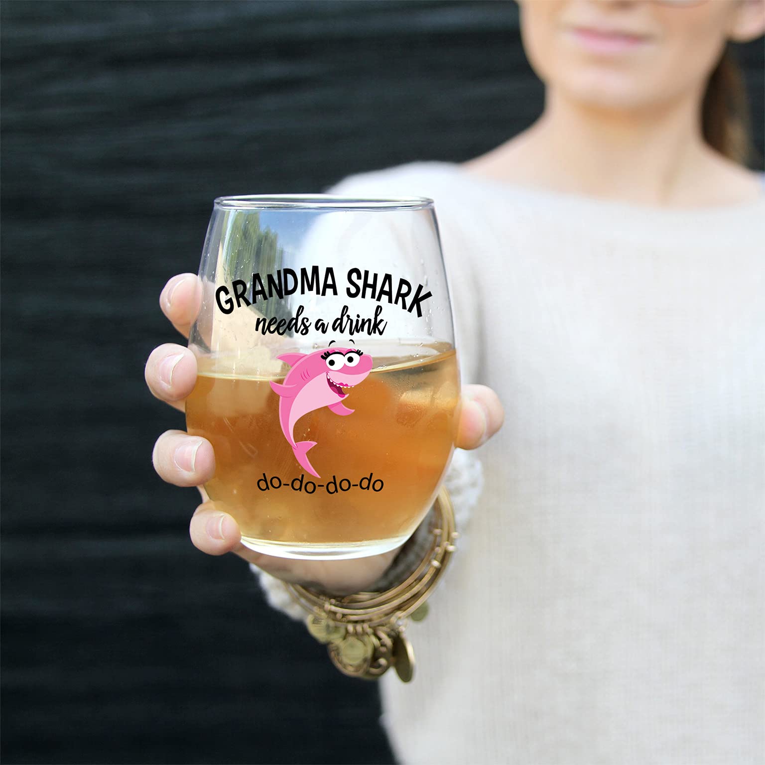 Vine Country Grandma Shark Needs a Drink decal on stemless glass, a fun gift idea.