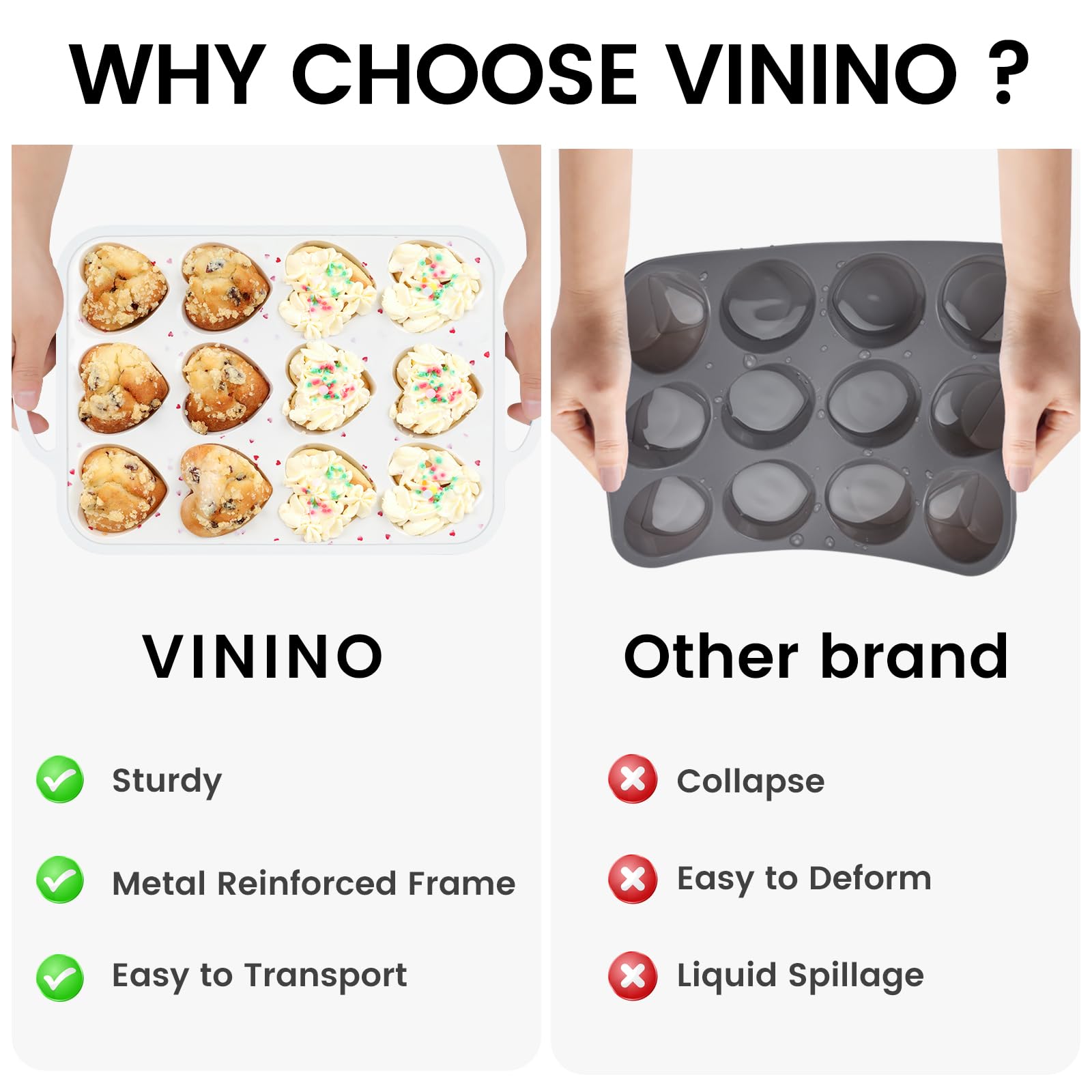 Vinino food-grade silicone withstands wide temperatures for oven, microwave, and freezer.