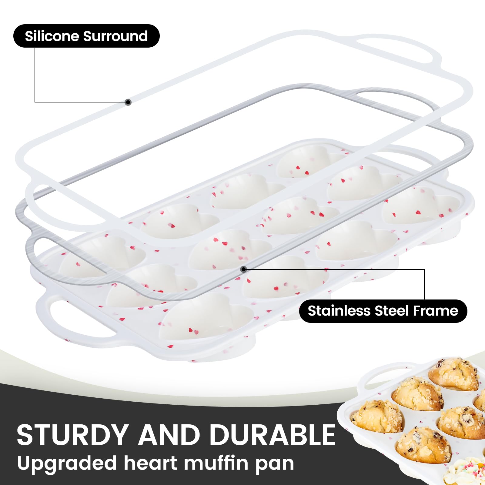 Vinino heart-shaped muffin pan with metal reinforced frame, side view for stability.