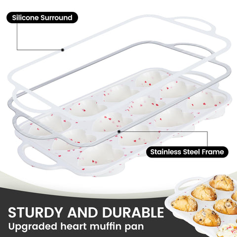 Vinino heart-shaped muffin pan with metal reinforced frame, side view for stability.