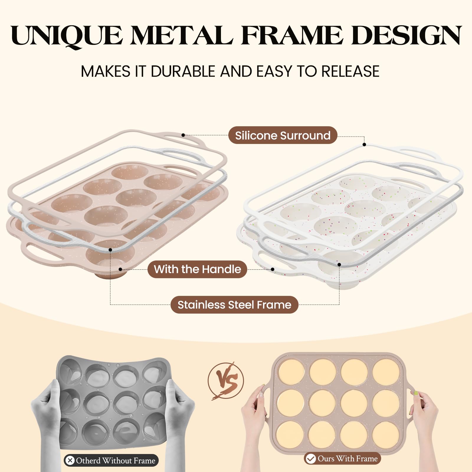 Vinino muffin pan showing metal-reinforced frame for sturdy handling