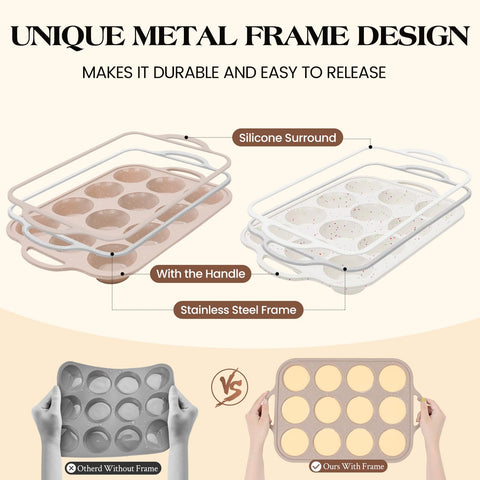 Vinino muffin pan showing metal-reinforced frame for sturdy handling