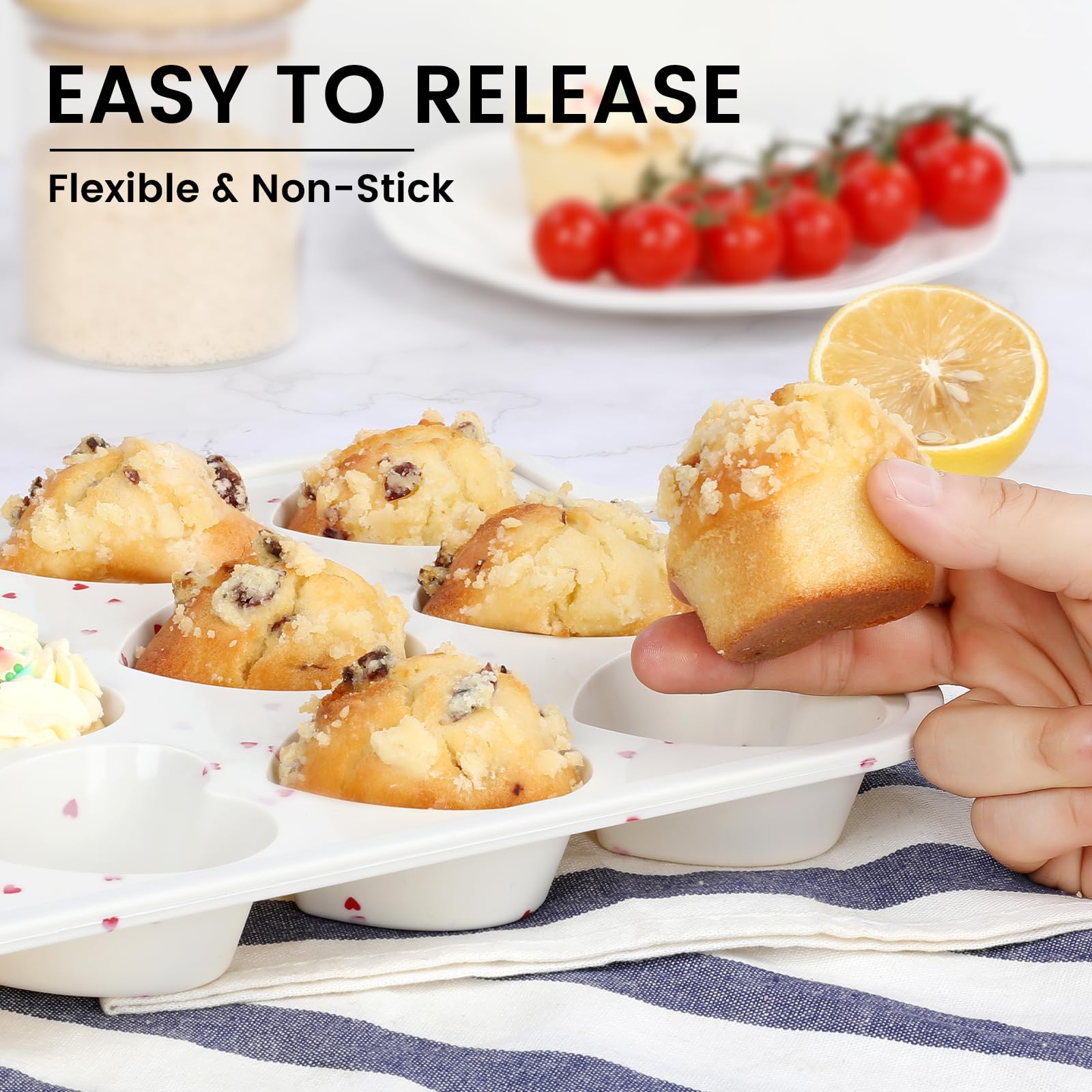 Vinino muffin pan non-stick surface shows easy release of baked goods.