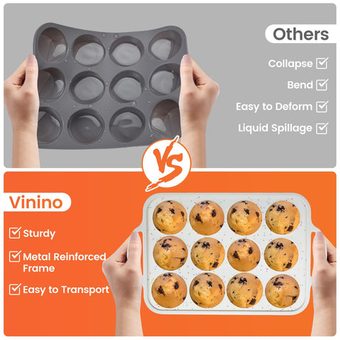 Vinino 12-cup silicone pan with non-stick surface for effortless muffin release.