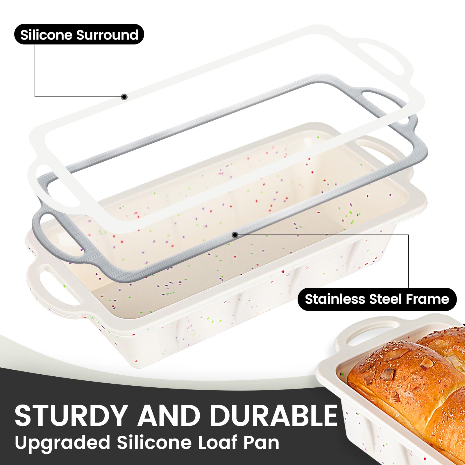 Vinino bread pan features a nonstick surface for easy loaf release.