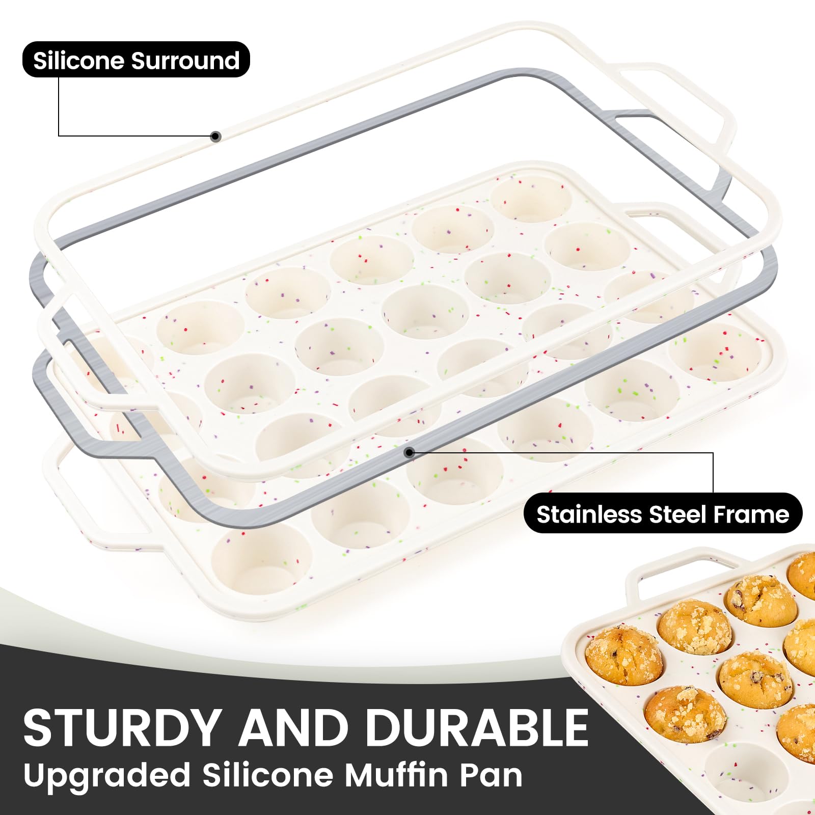 Vinino silicone cupcake pan shows 24 cups with nonstick design for release.