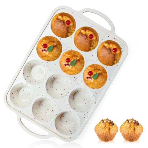 Vinino silicone muffin pan with metal reinforced frame for sturdy oven handling.