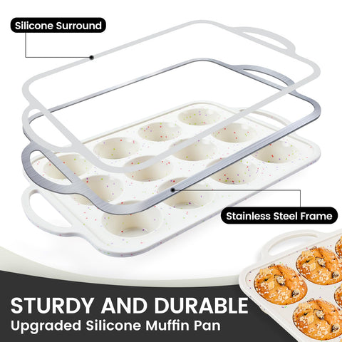 Vinino silicone muffin pan nonstick release for easy muffin removal.