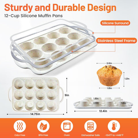 Vinino silicone muffin pan with metal reinforced frame supports safe handling and sturdy bake.