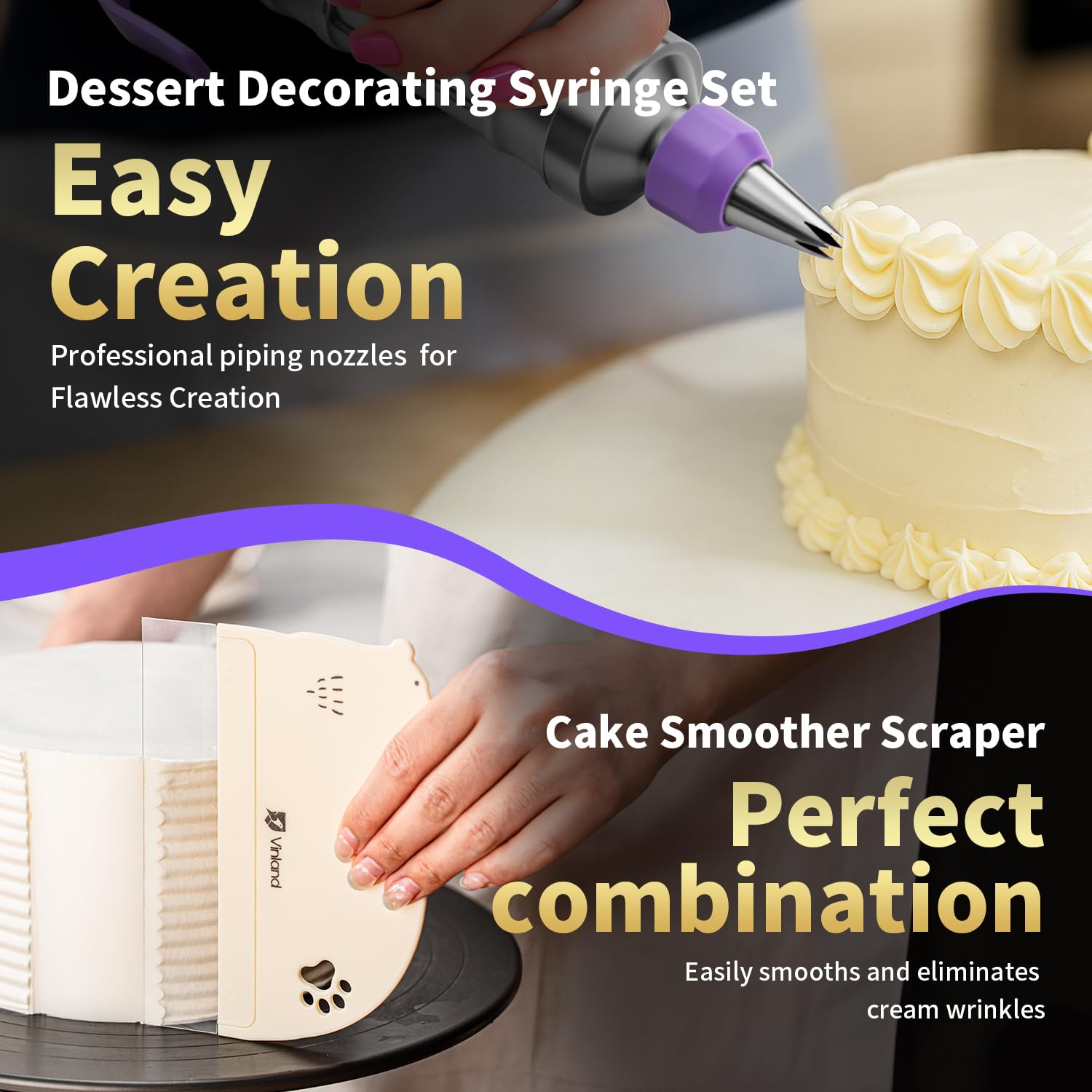 Vinland soft cake scrapers shown with quick icing edge cleanup