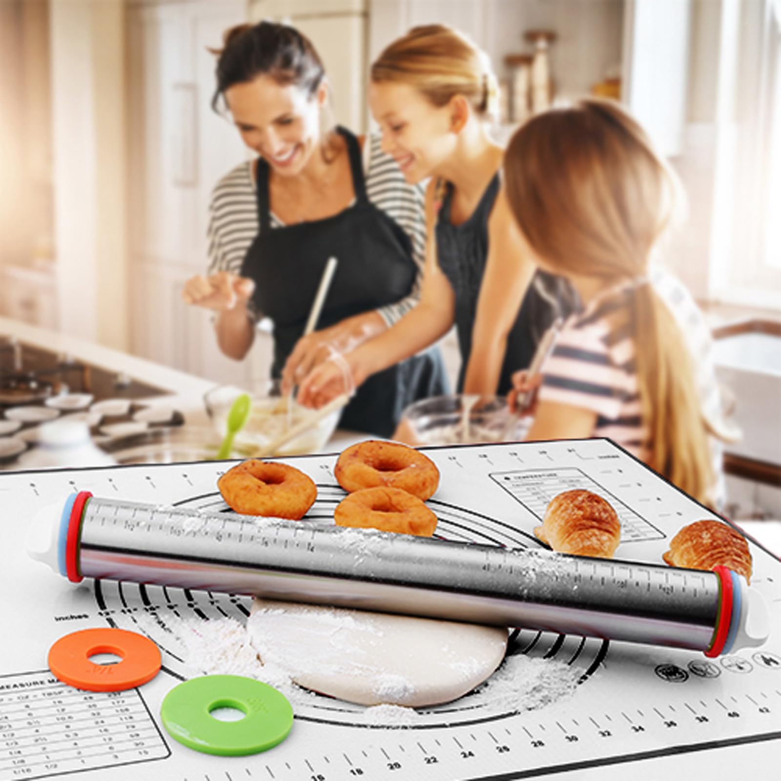 Vinoil rolling pin in use demonstrates smooth dough rolling for pizza or cookies.