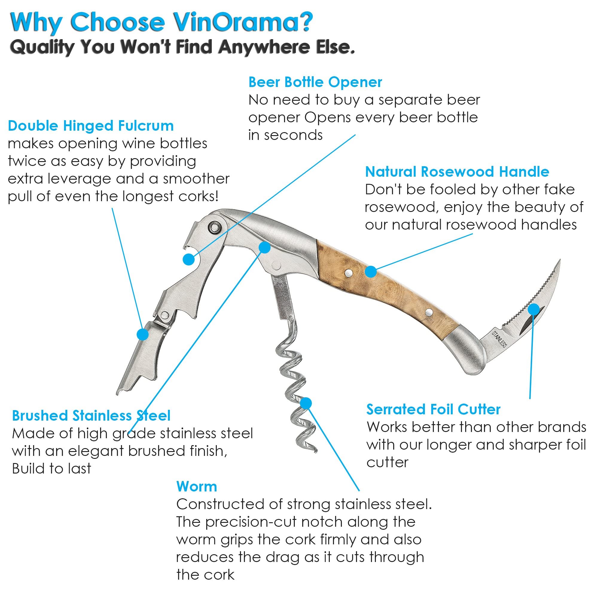 VinOrama in-use corkscrew streamlined for professional waitstaff