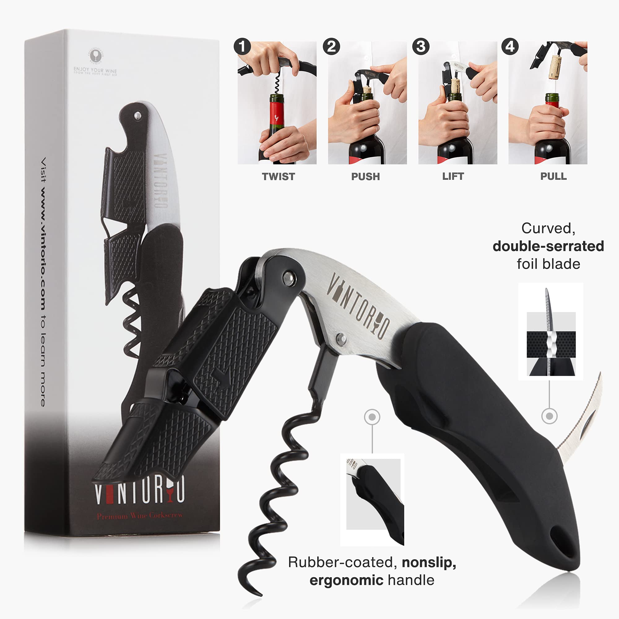Vintorio Waiter’s Corkscrew built-in foil cutter for quick removal.
