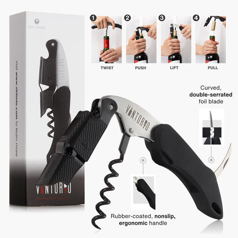 Vintorio Waiter’s Corkscrew built-in foil cutter for quick removal.