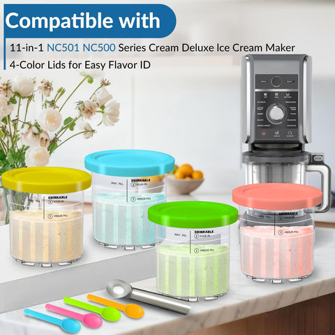Vintrol Ninja Creami Deluxe color-coded lids and scoops aid flavor labeling.