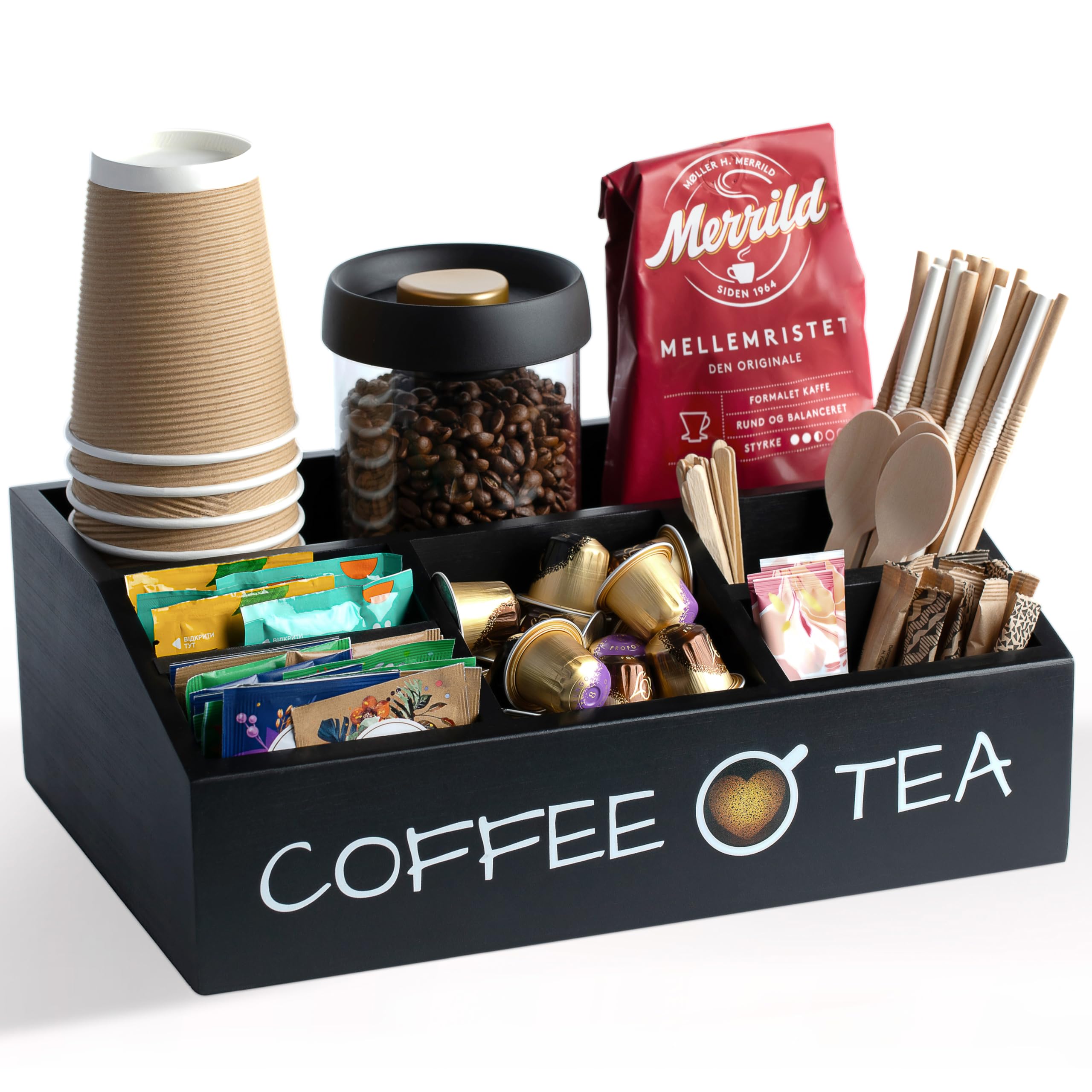 Vinvoli Coffee Station Organizer assembled on counter for easy access to pods and cups.