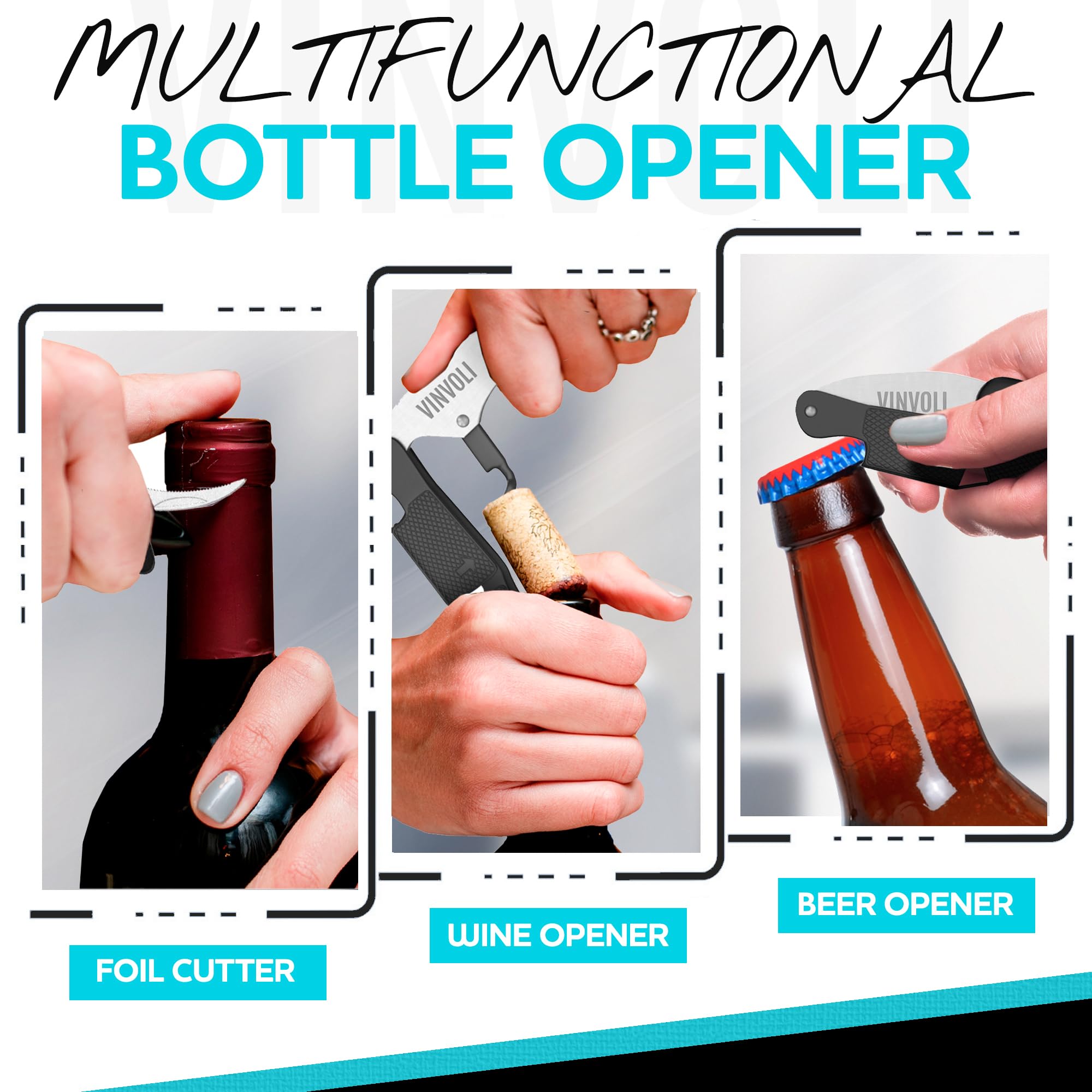 Vinvoli double-hinged fulcrum eases removing long corks for effortless service.