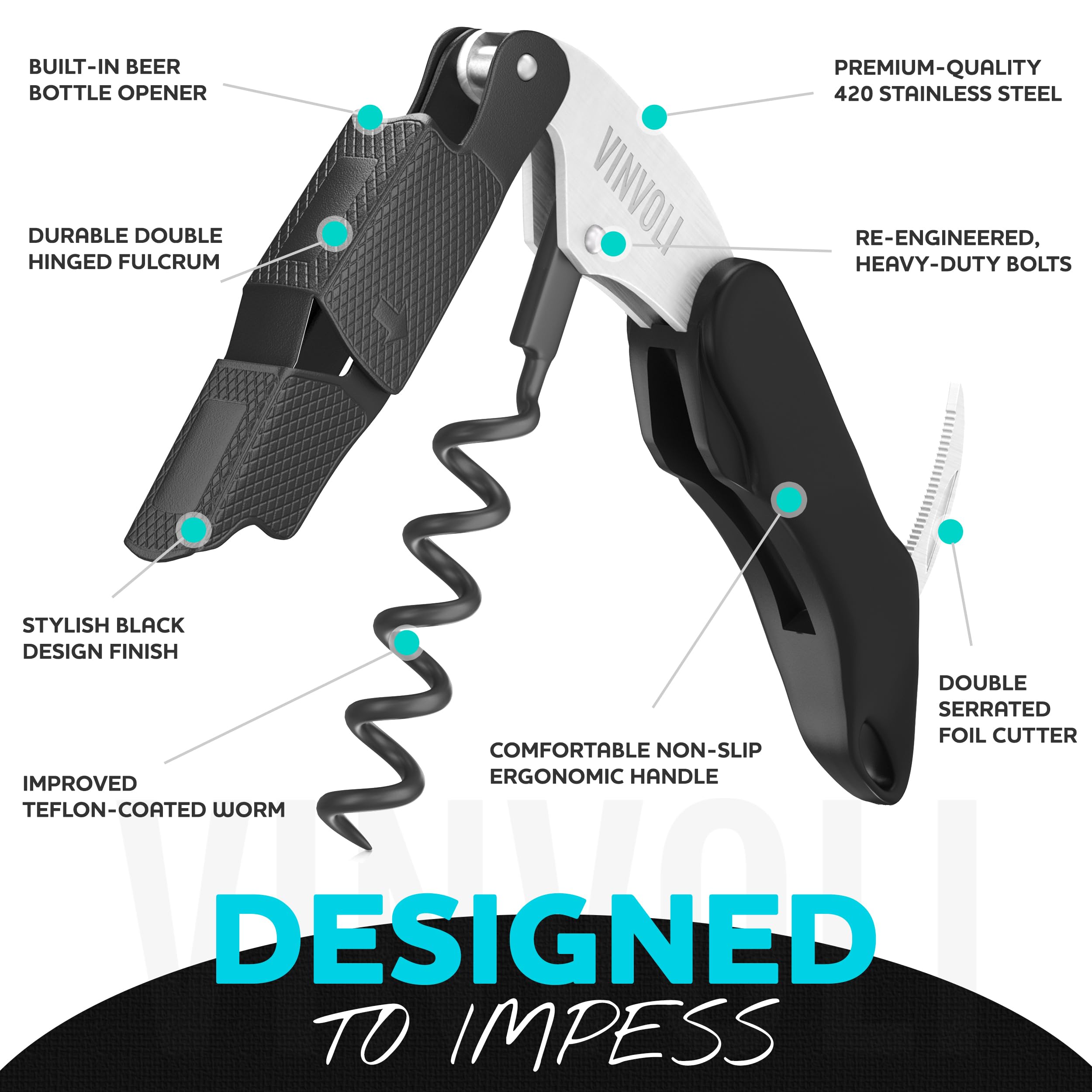 Vinvoli stainless steel corkscrew with ergonomic grip for comfortable cork removal.