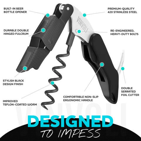 Vinvoli stainless steel corkscrew with ergonomic grip for comfortable cork removal.