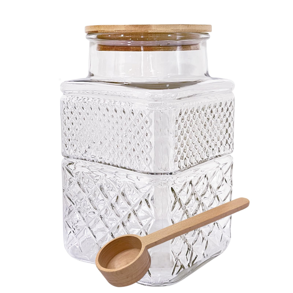 Viovian large glass jar with wood lid and spoon for pantry storage