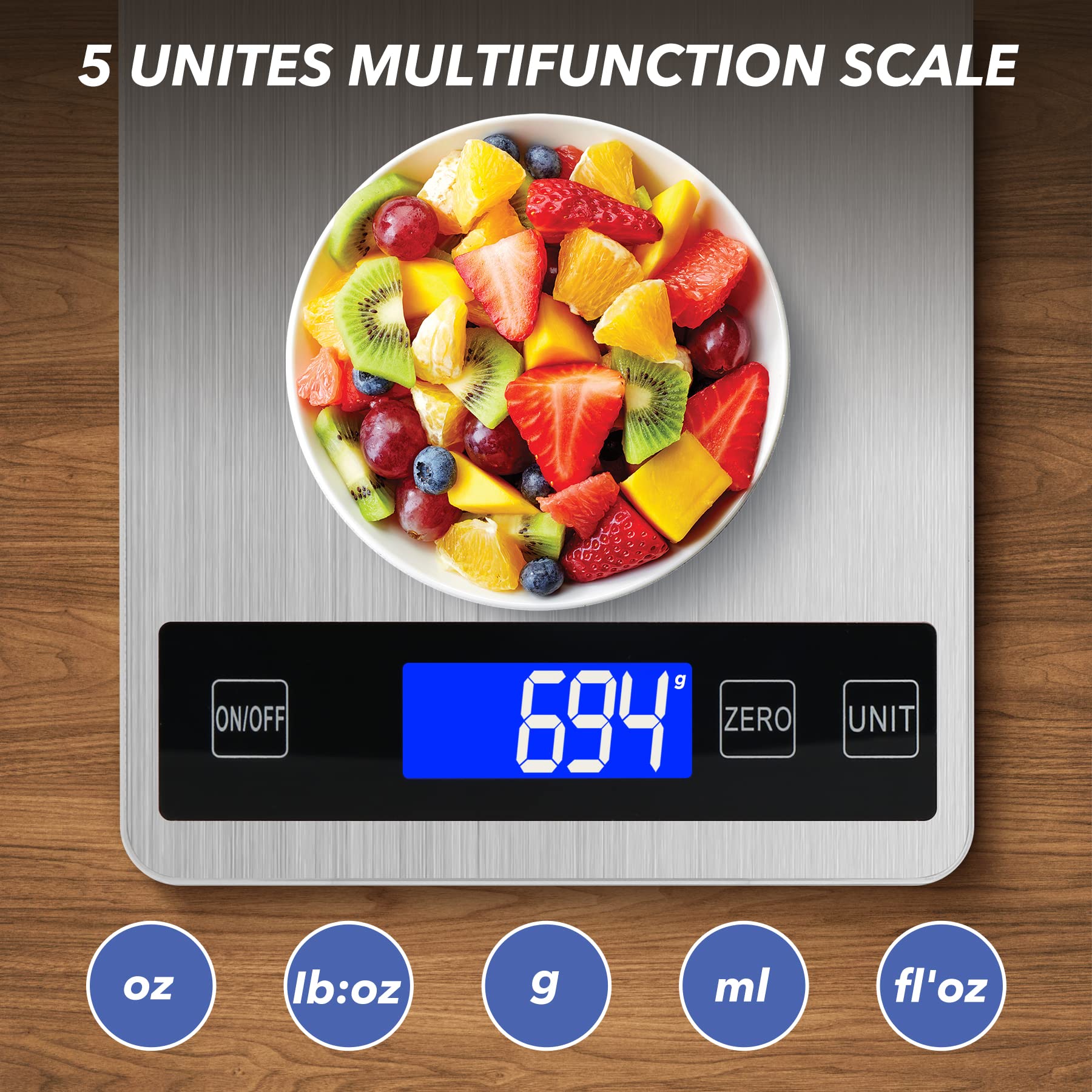 VIRENZZO kitchen scale with blue backlit LCD for easy reading while cooking.