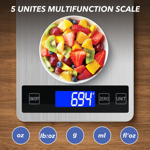 VIRENZZO kitchen scale with blue backlit LCD for easy reading while cooking.