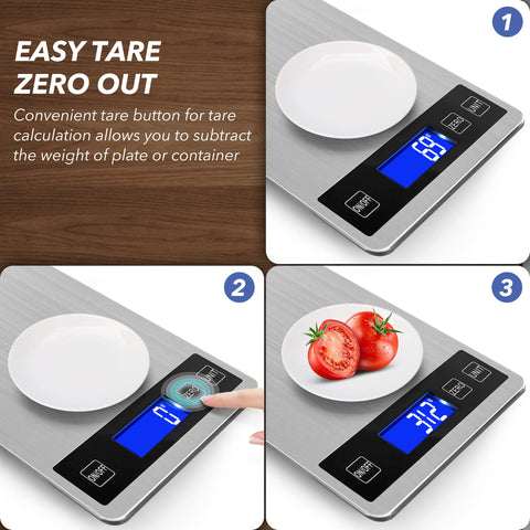 VIRENZZO stainless steel weighing surface resists fingerprints and cleans easily.