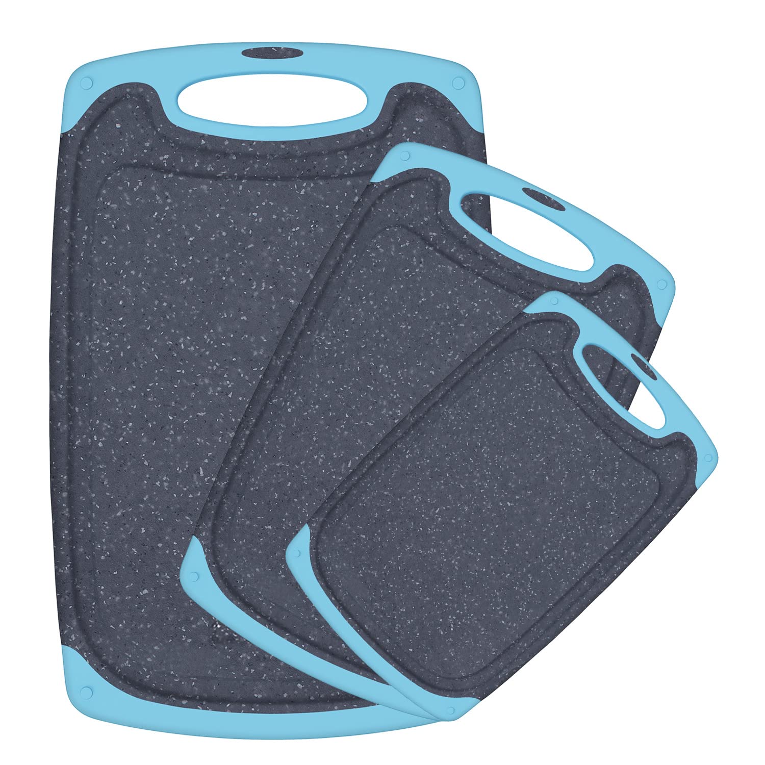 Viretang 3-piece aqua cutting board set with large board for meat prep and juices containment.