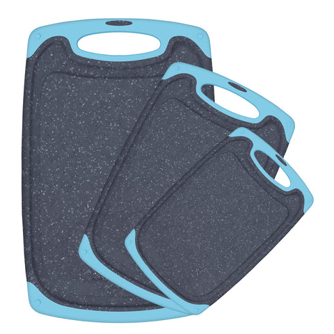 Viretang 3-piece aqua cutting board set with large board for meat prep and juices containment.