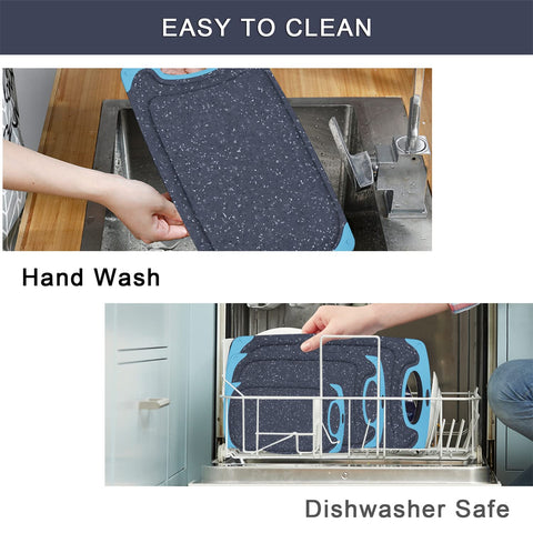 Viretang aqua cutting boards are dishwasher safe for quick cleanup.