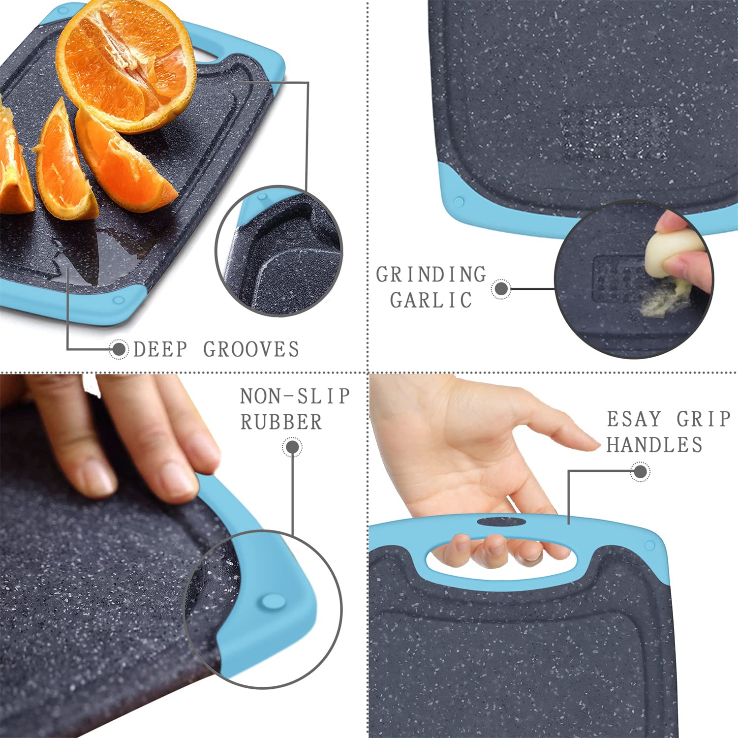 Viretang aqua cutting board with grinding area for garlic and ginger prep.