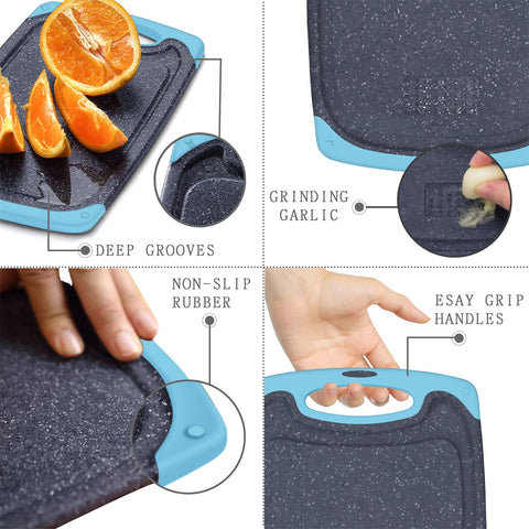 Viretang aqua cutting board with grinding area for garlic and ginger prep.