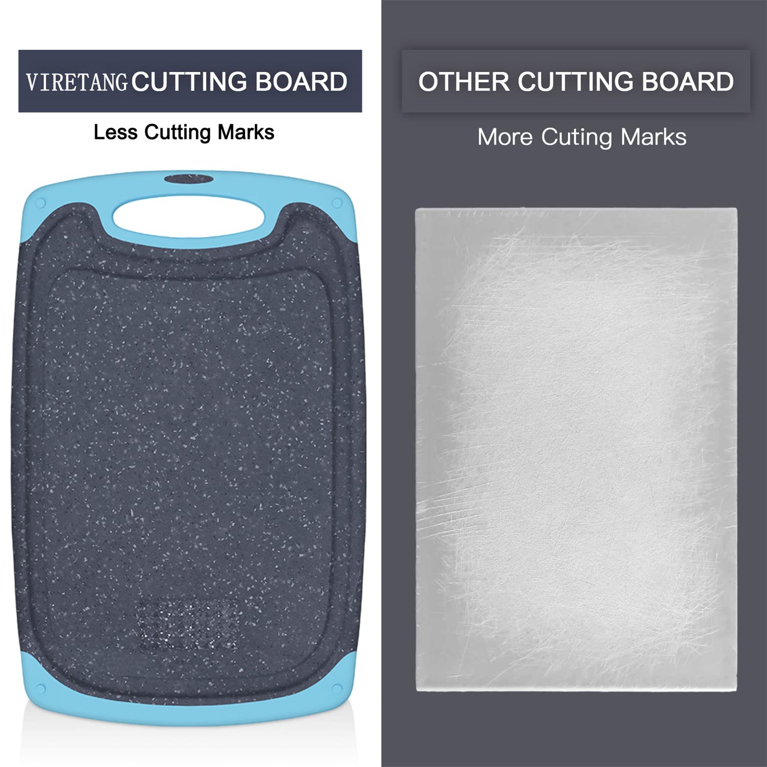 Viretang aqua cutting board featuring juice grooves to catch juices while slicing.