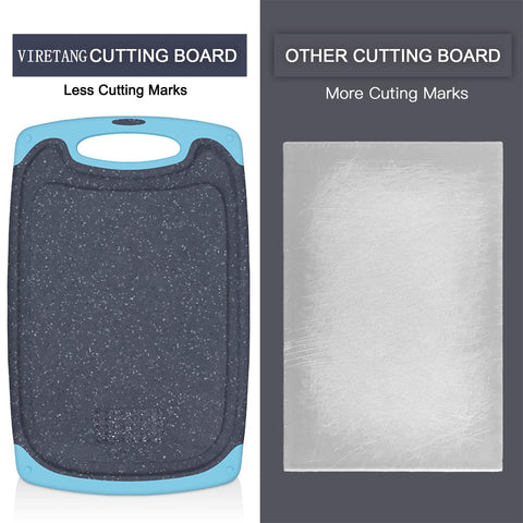 Viretang aqua cutting board featuring juice grooves to catch juices while slicing.