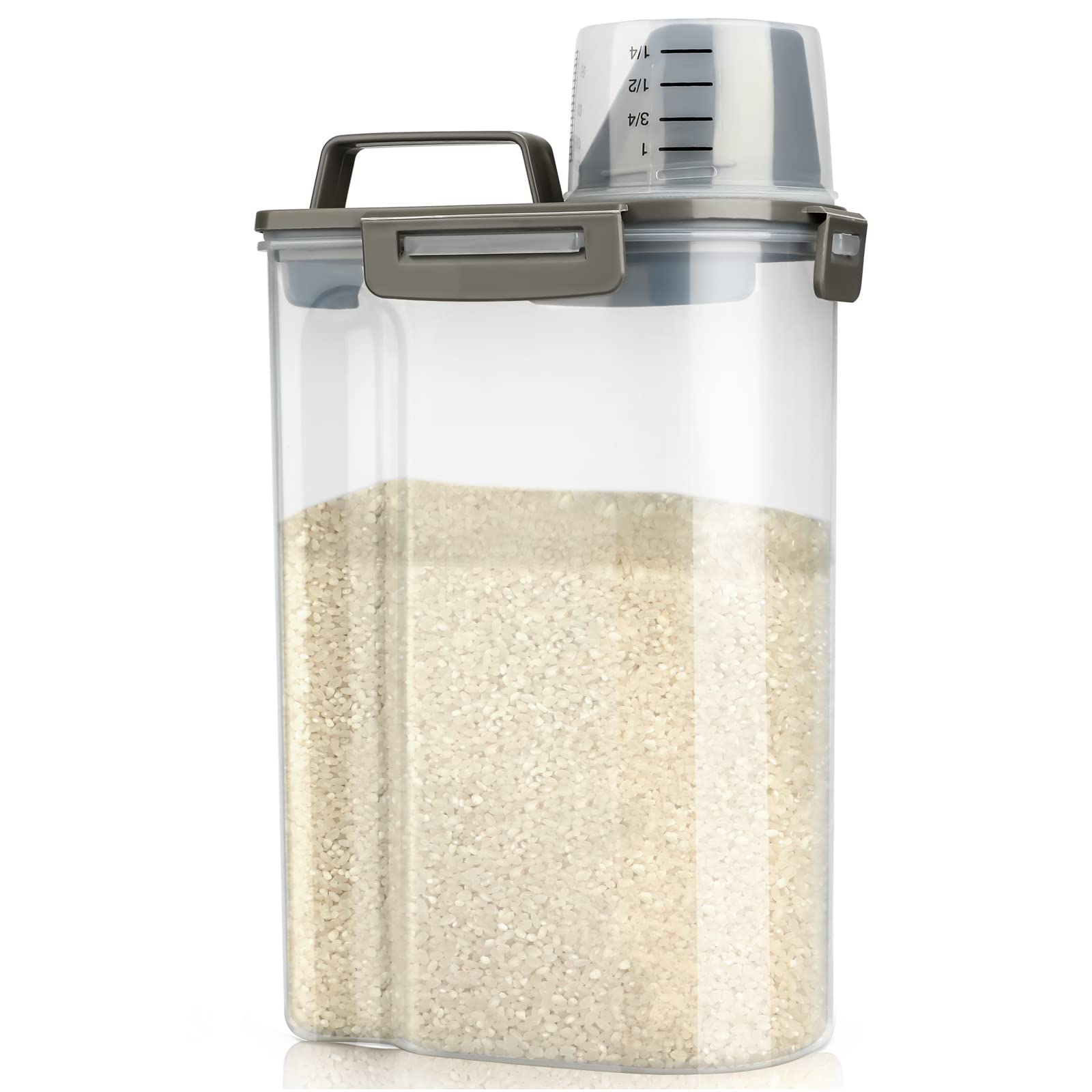 Viretec rice airtight container with pour-spout and measuring cup for precise portions.