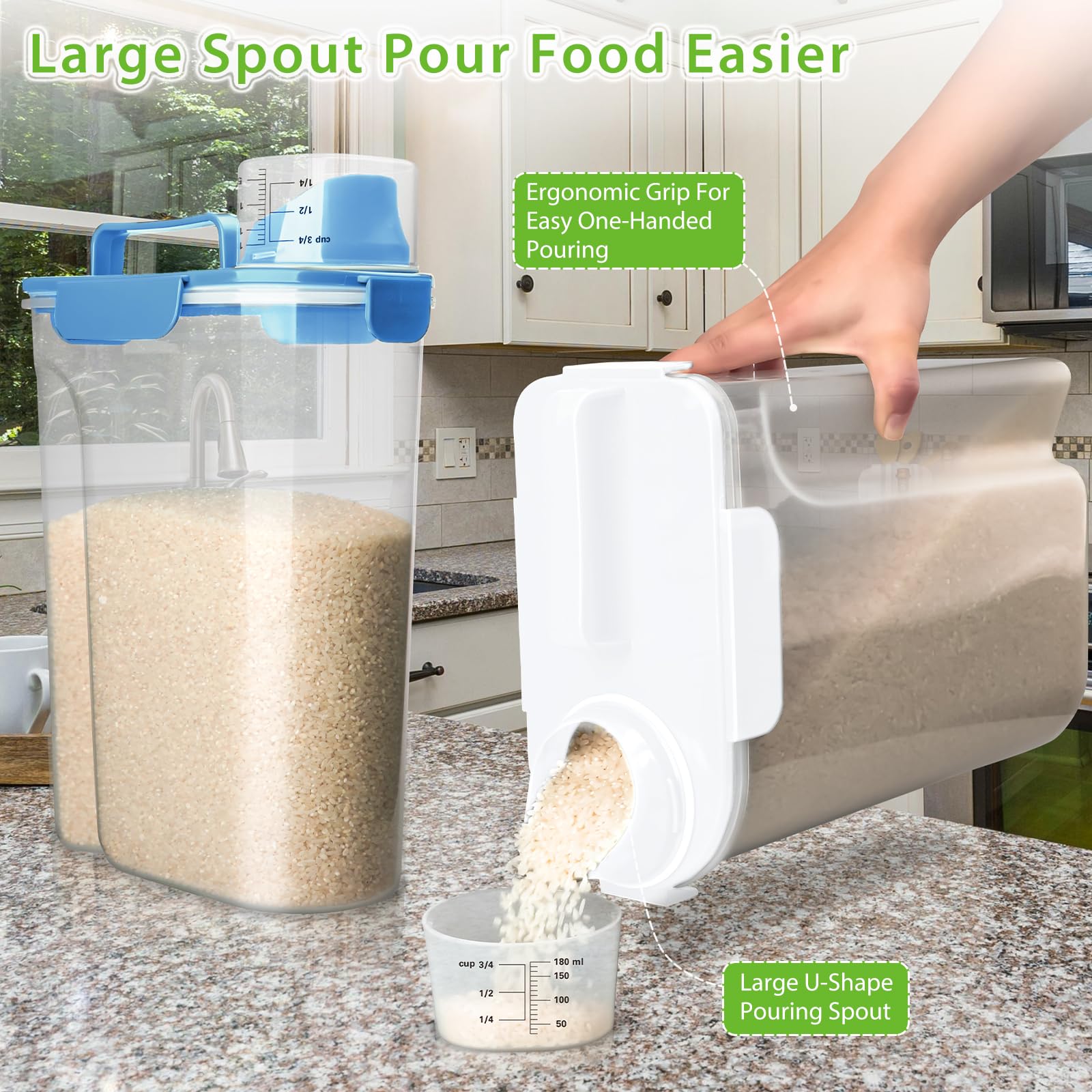 Viretec rice storage container clear body allows quick ingredient checks at a glance.