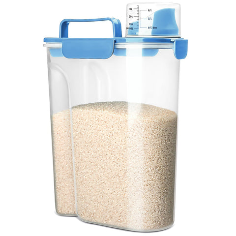 Viretec 6L rice storage container with pour spout for easy single-handed dispensing.