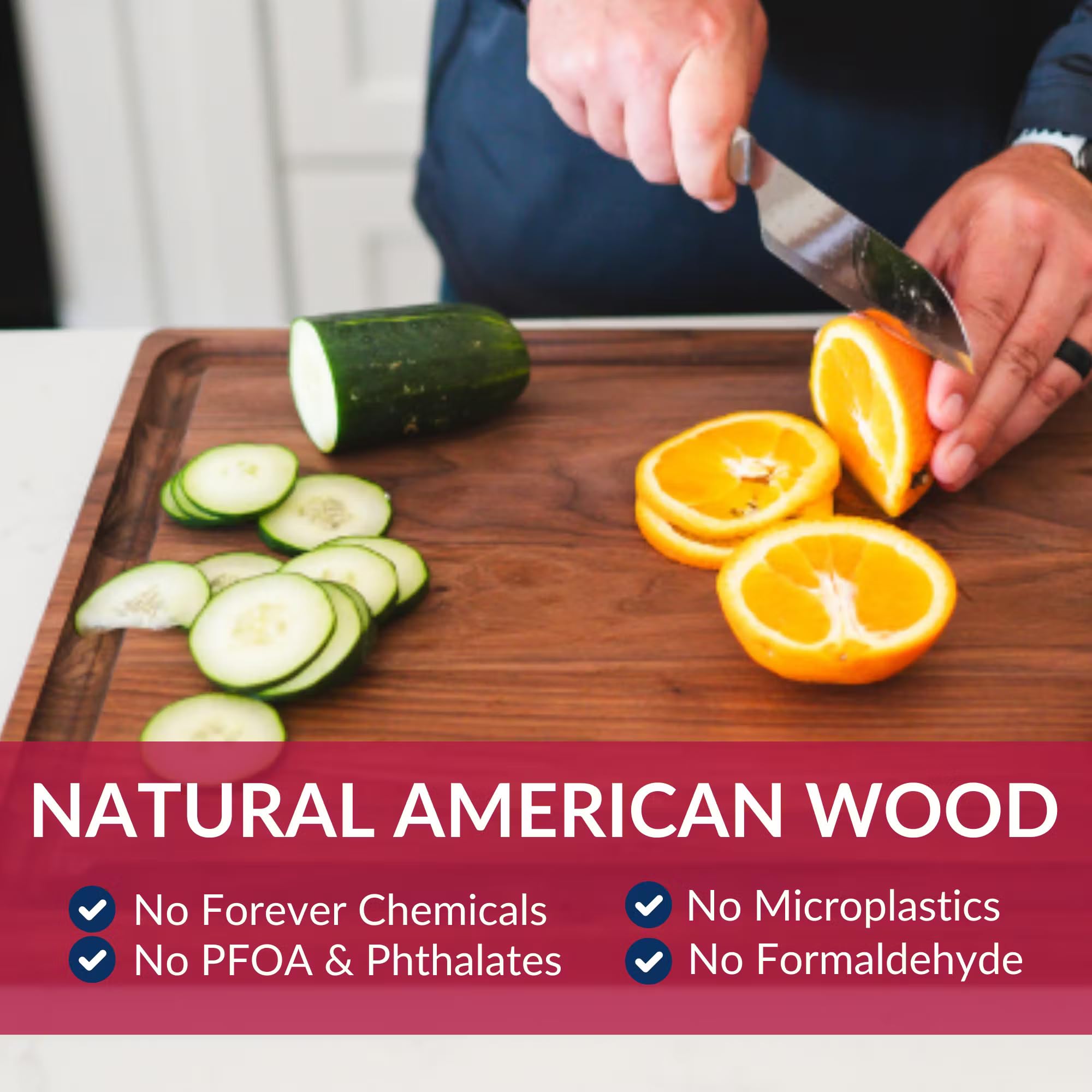 Virginia Boys Kitchens juice well cutting board in use for carving