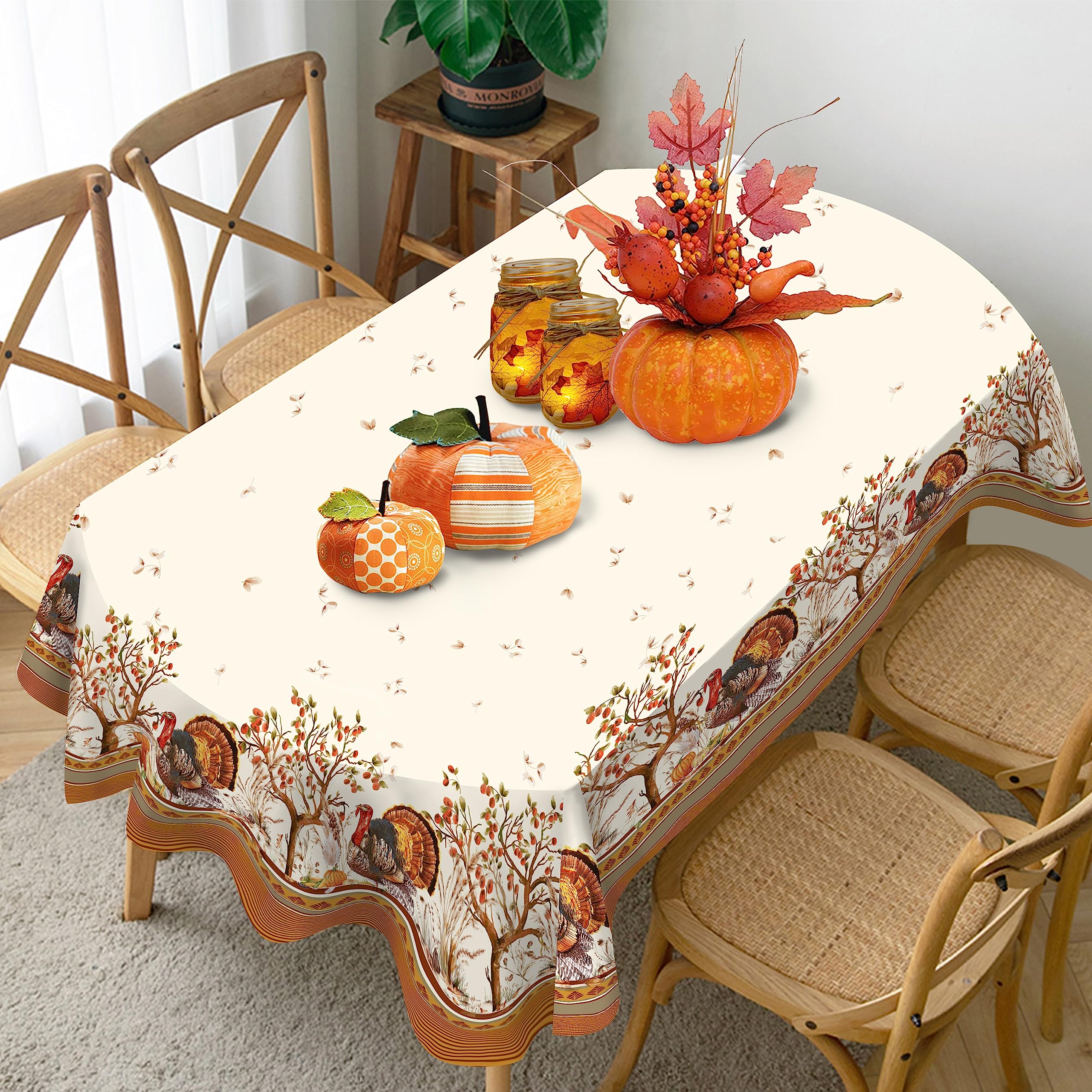 Virtumob tablecloth maple leaf accents create chic Thanksgiving tablescape