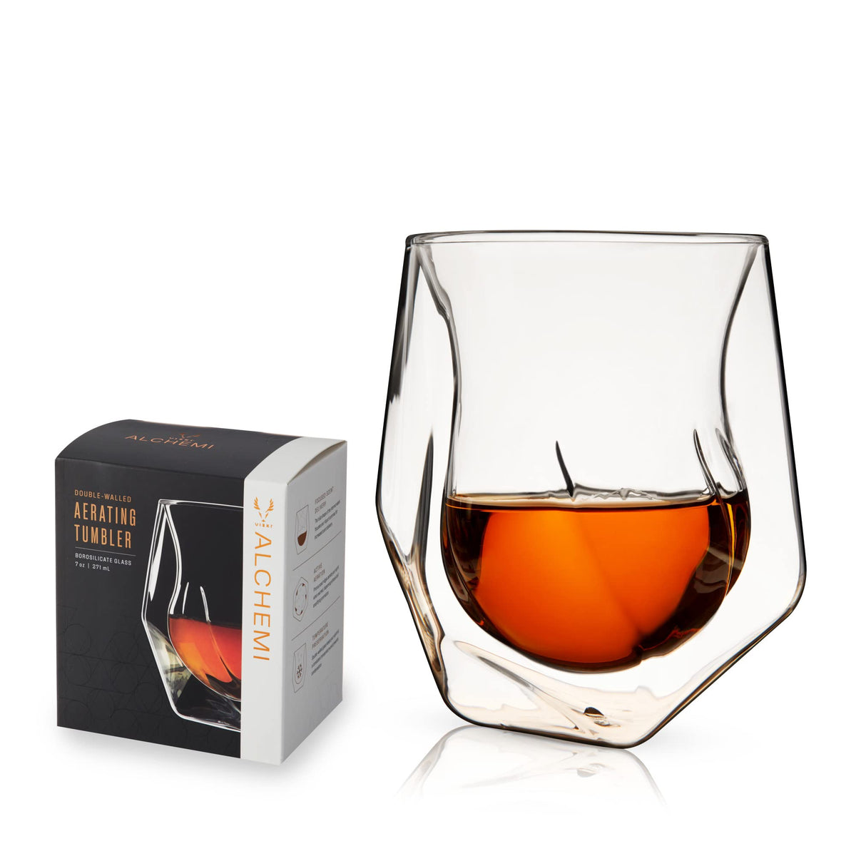 Viski Aerating Whiskey Tumbler closeup reveals tulip chamber for enhanced aroma.