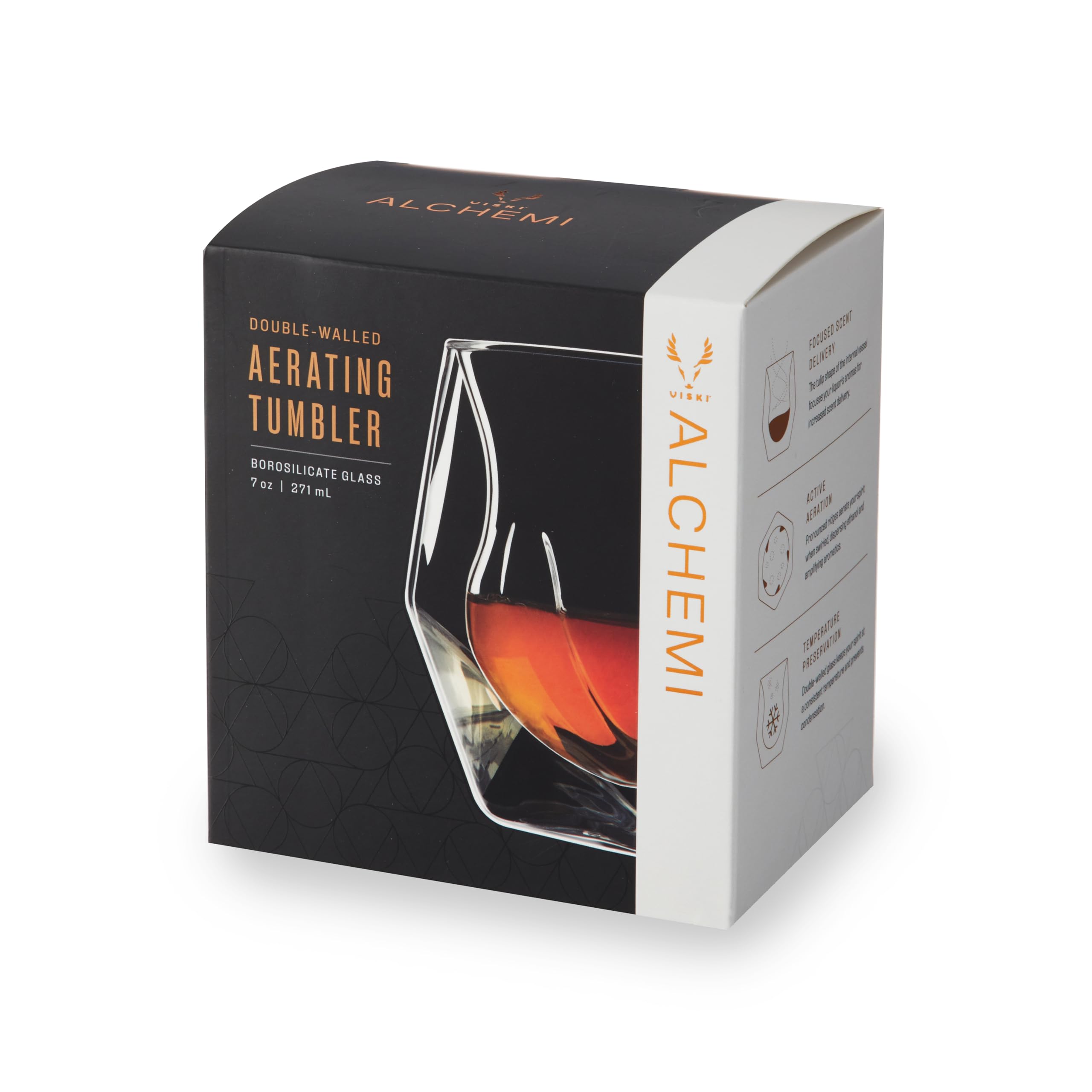 Viski Aerating Whiskey Tumbler set display showcases a complete tasting glass.