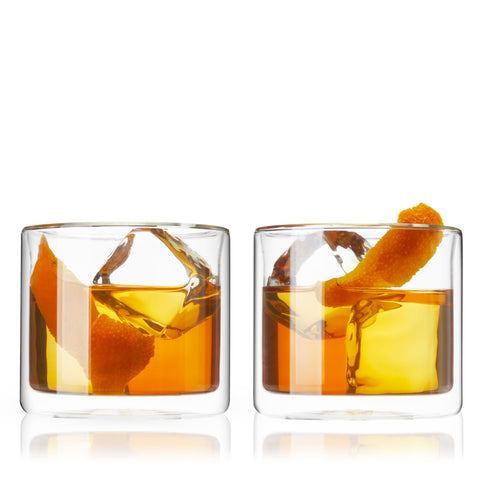 Viski double-walled old fashioned glasses; insulated borosilicate, keeps drinks cooler and prevents condensation.