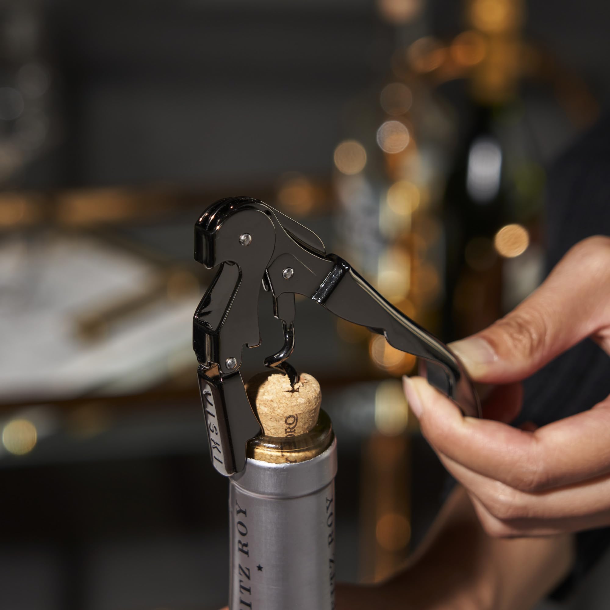 Viski Gunmetal double-hinged arm designed for effortless cork extraction