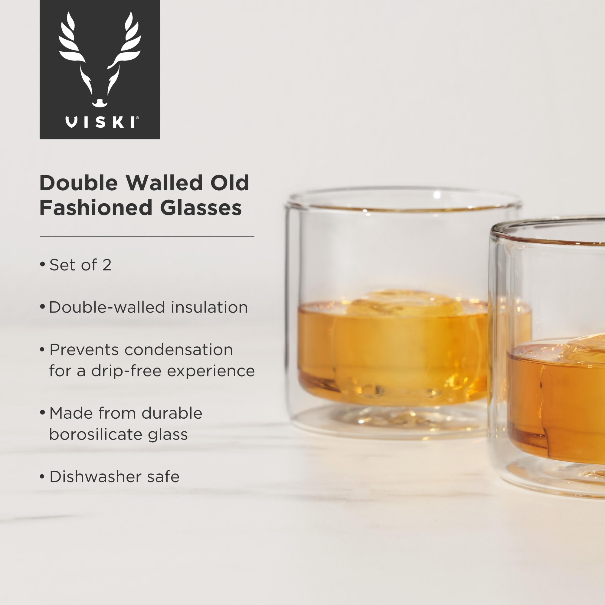 Viski 7oz old fashioned glasses set of 2; perfect barware for whiskey and cocktails.