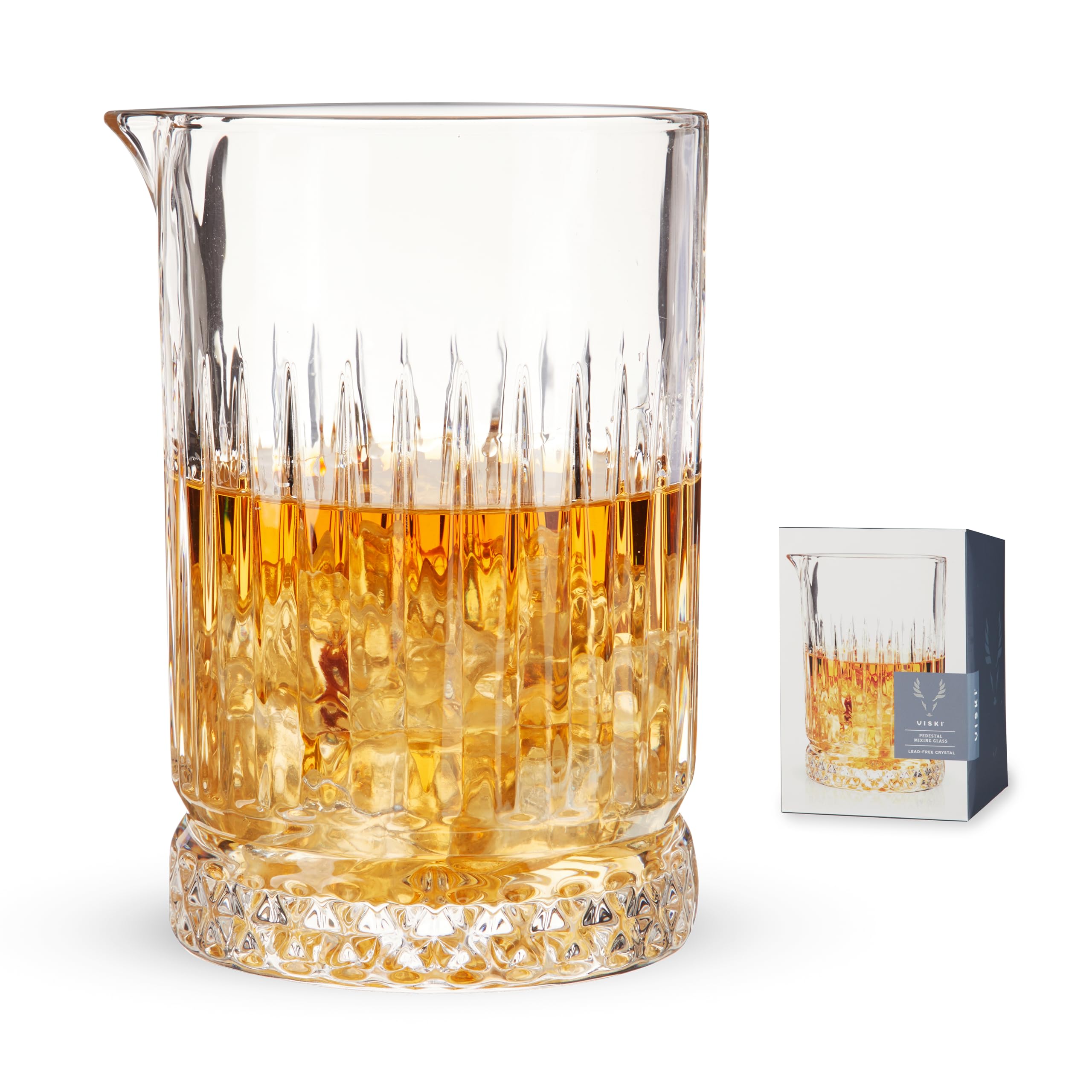 Viski pedestal crystal mixing glass showcases ingredients while stirring cocktails