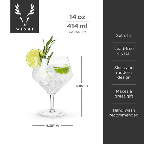 Viski Raye angled stemmed gin glass elevates presentation and garnishes during entertaining.