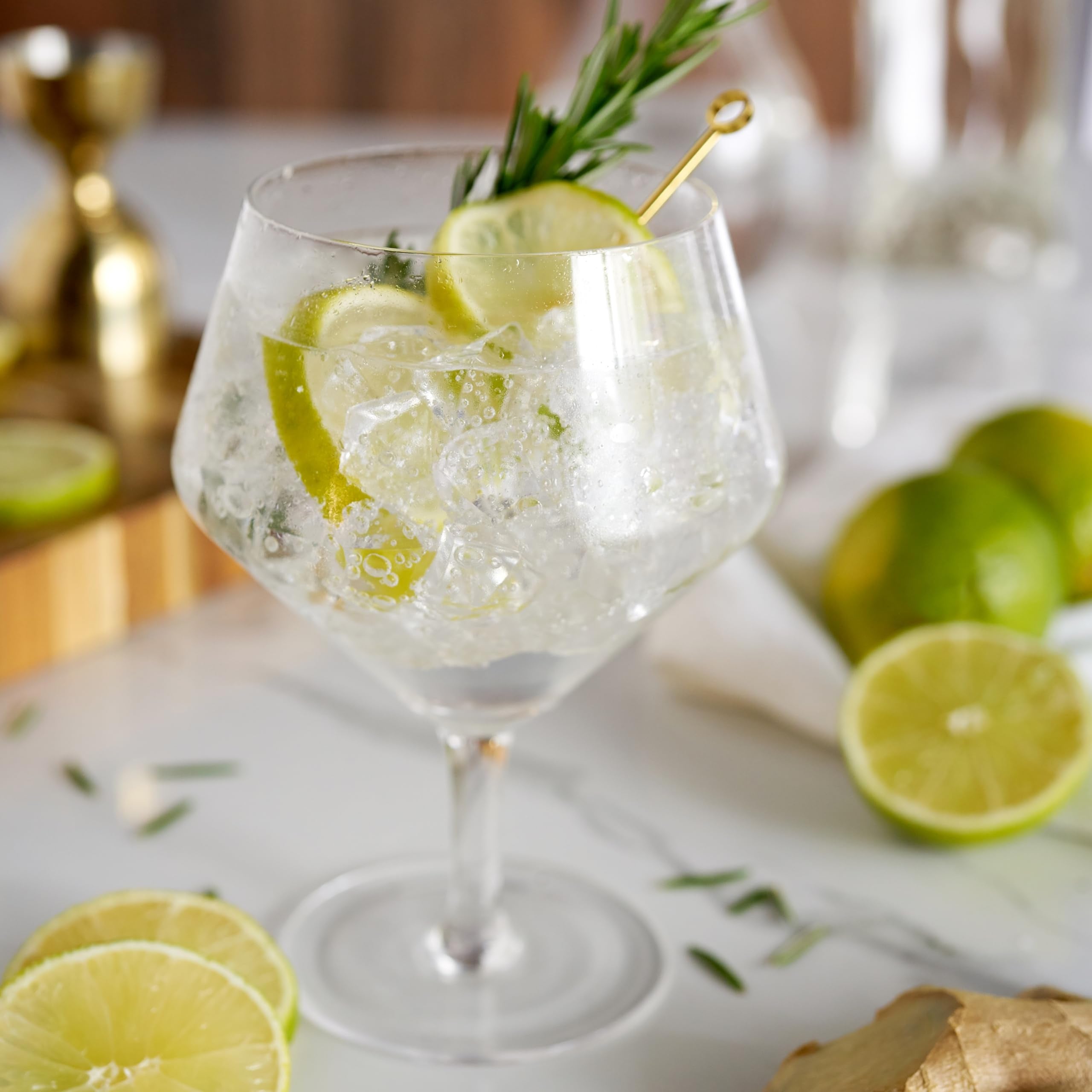 Viski Raye angled gin glass helps ice melt slowly for longer, cooler sips.