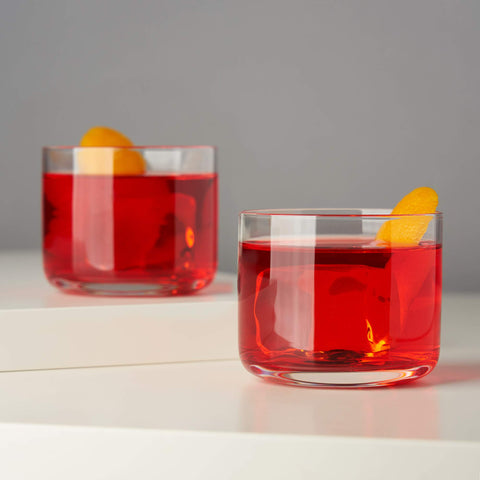 Viski Raye crystal glasses impress guests with timeless Negroni presentation.